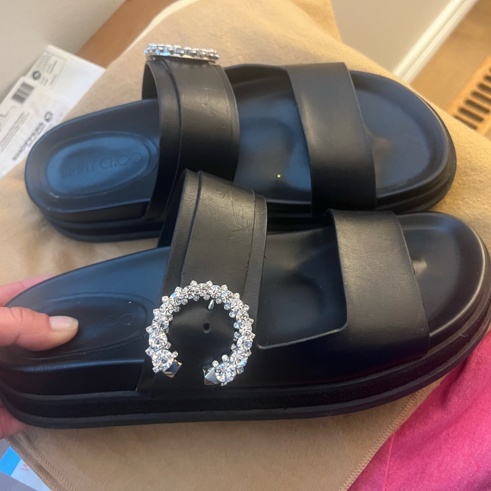 Jimmy Choo Black Sandals with Crystal Buckles
